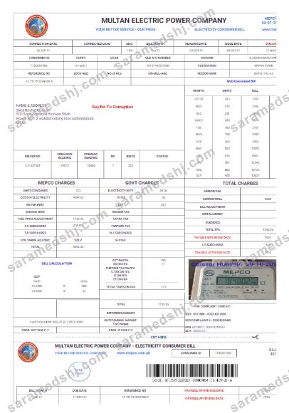 PAKISTAN MULTAN ELECTRIC POWER utility bill Word and PDF template
